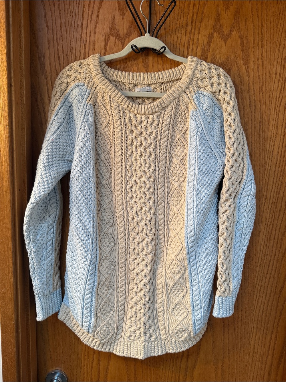 L.L. Bean Comfortable Two-Tone Cream & Light Blue Cable-Knit Crewneck Sweater
